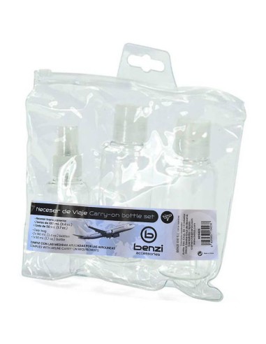 Vista frontal del kit de viaje Benzi con su neceser transparente con autocierre que contiene tres frascos vacíos rellenables.