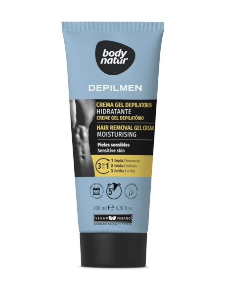 Crema Gel Depilatoria Hidratante de 200 ml, especial para pieles sensibles y vello masculino, con sellos informativos de acción