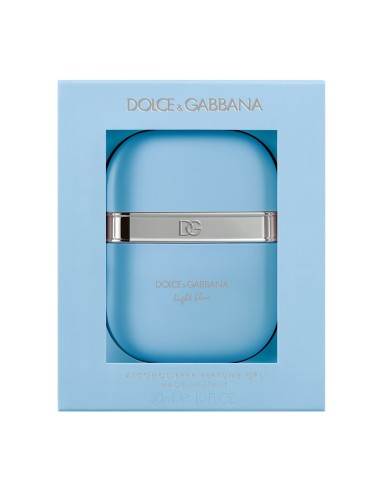 Envase de Dolce Gabbana Light Blue perfume en gel sin alcohol de treinta mililitros en su caja original celeste.