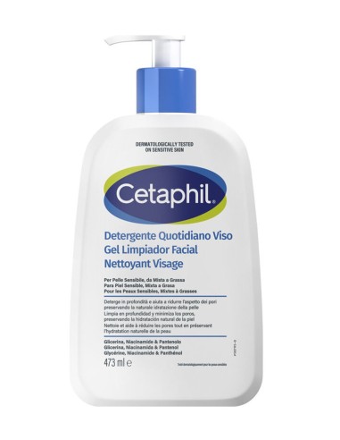 Bote con dispensador de Cetaphil gel limpiador facial para piel sensible, mixta y grasa.