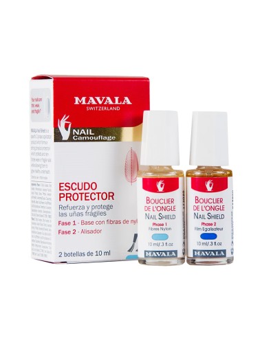 Caja y dos botes del tratamiento Mavala Escudo Protector para uñas frágiles.