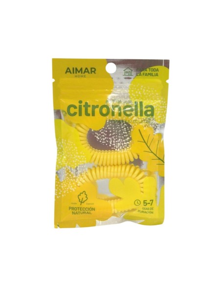 Envase amarillo de pulseras elásticas de citronela marca Aimar Home para toda la familia.