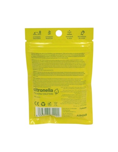 Parte trasera del paquete de pulseras de citronela con instrucciones de uso y advertencias de seguridad.