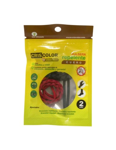 Envase amarillo de pulseras de cuero ajustables Criscolor Protect con aceites de citronela, limoncillo y geraniol.