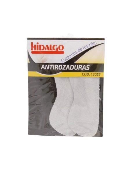 Vista del paquete de protectores de talón Hidalgo que muestra los salvamedias de piel gris suave autoadhesivos.