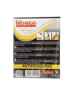Vista del paquete de protectores de talón Hidalgo que muestra los salvamedias de piel gris suave autoadhesivos. 2