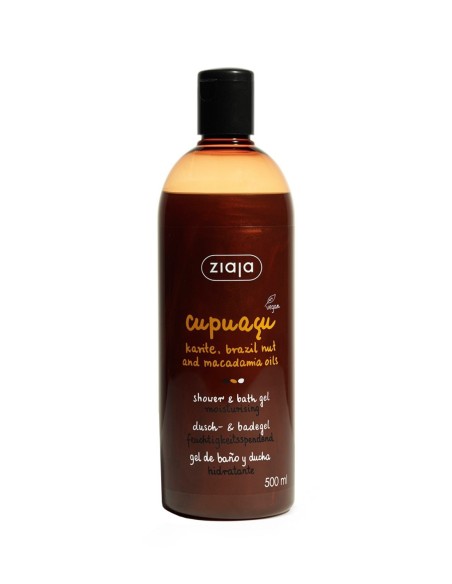 Botella marrón de quinientos mililitros del gel de ducha y baño hidratante Ziaja Cupuaçu con aceites de karité, macadamia y nue