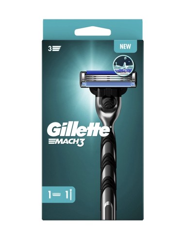 Caja de color azul verdoso de la máquina de afeitar clásica Gillette Mach3 con un mango y un recambio incluidos.