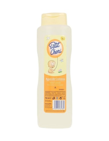 Botella de agua de colonia suave Petit Cheri de 750 ml con diseño infantil en tonos naranjas y amarillos.
