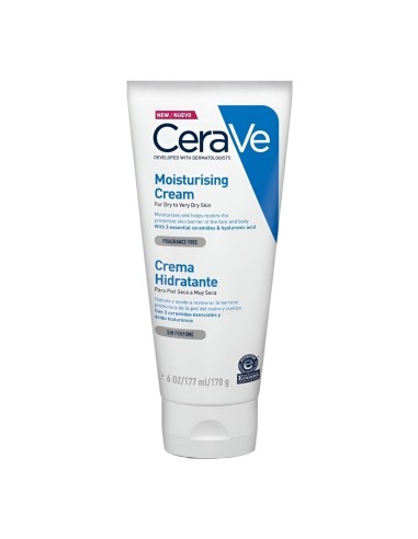 Tubo de crema hidratante CeraVe de 177 ml diseñado para el cuidado de pieles secas a muy secas sobre fondo blanco.