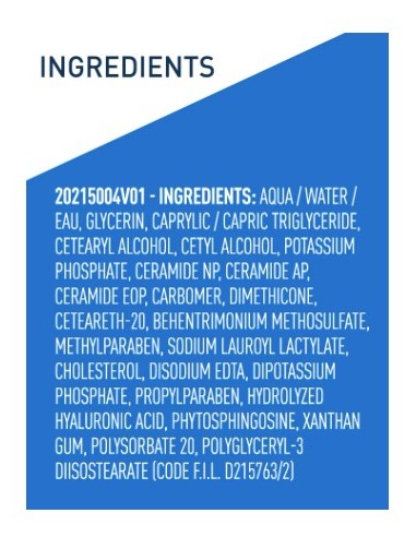 Detalle de la etiqueta trasera de ingredientes INCI de CeraVe Loción Hidratante Intensiva sobre fondo azul.