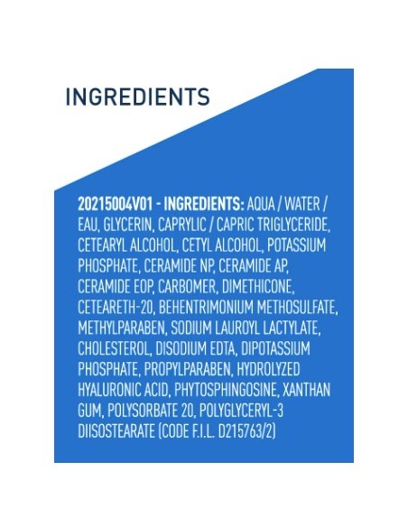 Detalle de la etiqueta trasera de ingredientes INCI de CeraVe Loción Hidratante Intensiva sobre fondo azul.
