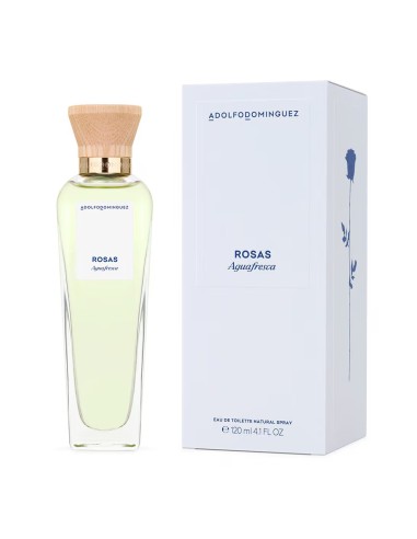 Estuche blanco de Agua Fresca de Rosas con la silueta minimalista de una rosa azul de Adolfo Dominguez.