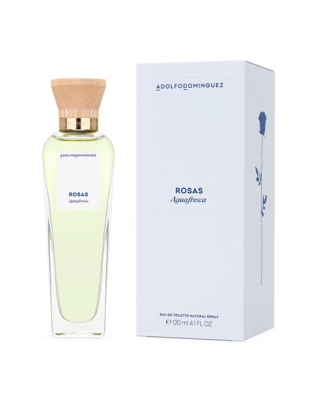 Estuche blanco de Agua Fresca de Rosas con la silueta minimalista de una rosa azul de Adolfo Dominguez.