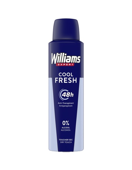 Vista frontal del desodorante Williams Expert Cool Fresh spray de 150 ml en envase azul marino.