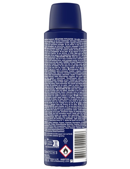 Vista trasera del spray desodorante Williams mostrando las advertencias de seguridad CLP e ingredientes INCI.
