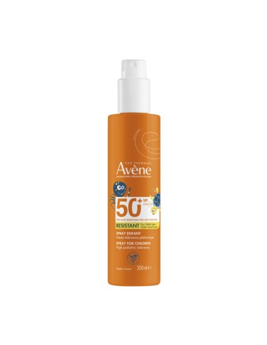 Envase naranja de Avène Solar Spray Niños SPF50+ de 200 ml para rostro y cuerpo con ilustraciones infantiles.