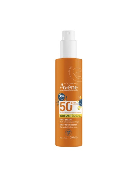 Envase naranja de Avène Solar Spray Niños SPF50+ de 200 ml para rostro y cuerpo con ilustraciones infantiles.