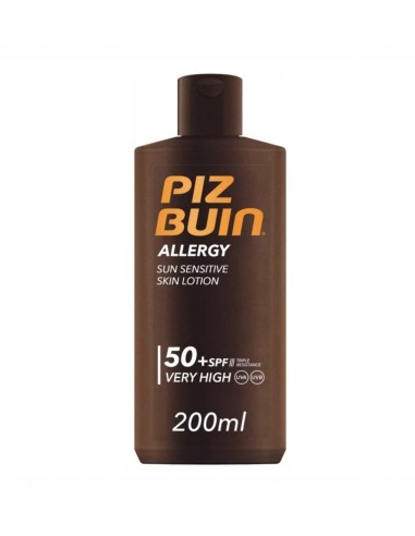 Botella de Piz Buin Allergy Loción Solar SPF 50+ de 200 ml para el cuidado de pieles sensibles.