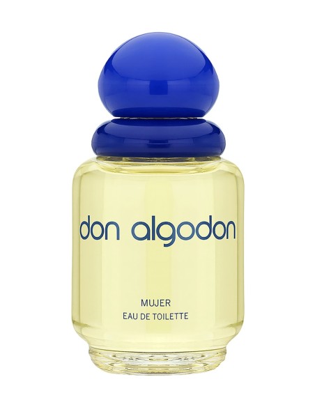 Vista frontal del frasco de vidrio de Don Algodon Colonia Mujer de 200 ml con tapón azul esférico.