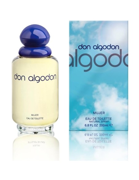 Frasco de colonia Don Algodon Mujer Eau de Toilette de 200 ml junto a su caja original de diseño celeste.
