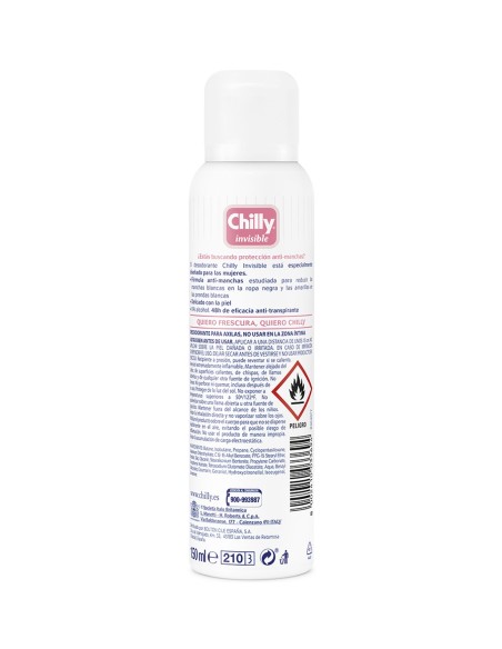 Vista trasera del envase de Chilly Invisible mostrando las advertencias de seguridad CLP e ingredientes