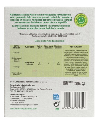 Reverso de la caja de Massó Anticaracoles con tabla de dosis y cultivos autorizados.