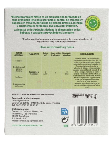 Reverso de la caja de Massó Anticaracoles con tabla de dosis y cultivos autorizados.