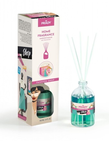 Caja y frasco turquesa del ambientador mikado Prady Fashion Shop de 100 ml con varitas.