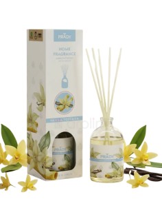 Presentación comercial del ambientador mikado Prady Vainilla Toscana 100 ml con frasco y varitas.