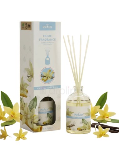 Presentación comercial del ambientador mikado Prady Vainilla Toscana 100 ml con frasco y varitas.