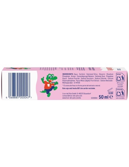 Lateral del envase con la lista de ingredientes INCI y código EAN del dentífrico Licor del Polo.