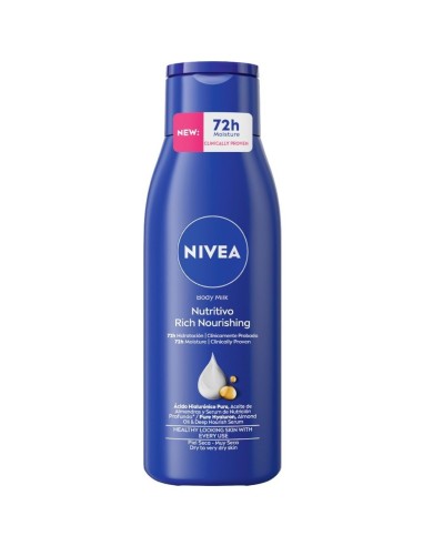 Nueva botella azul de Nivea Body Milk Nutritivo Mini 75 ml con etiqueta 72h Moisture y Ácido Hialurónico