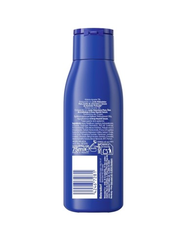 Reverso de la botella Nivea Body Milk 75 ml con la lista INCI que incluye Sodium Hyaluronate y sello PAO 12M