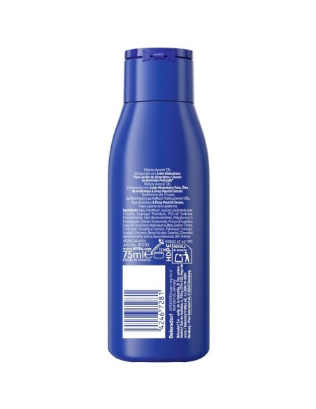 Reverso de la botella Nivea Body Milk 75 ml con la lista INCI que incluye Sodium Hyaluronate y sello PAO 12M