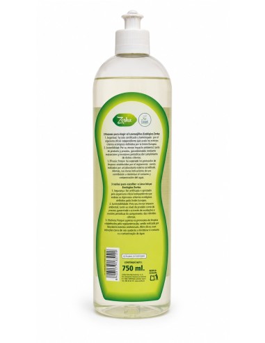 Vista de la etiqueta trasera con certificación Ecolabel y tabla de dosificación del lavavajillas Zorka