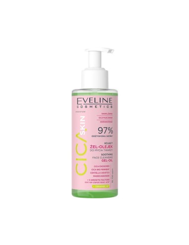 Frasco de Eveline Cica Skin resaltando los ingredientes activos de centella asiatica y ceramidas