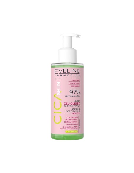 Frasco de Eveline Cica Skin resaltando los ingredientes activos de centella asiatica y ceramidas