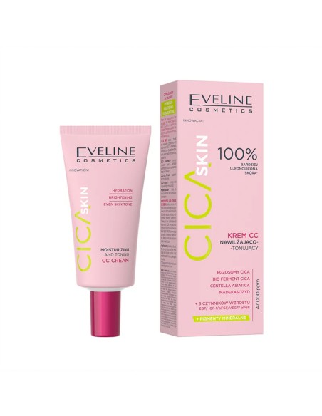 Tubo rosa y caja de la crema CC hidratante y tonificante Eveline Cica Skin 30 ml