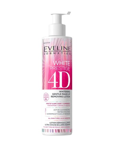 Envase de loción desmaquillante aclarante 3 en 1 Eveline White Prestige 4D de 245 ml