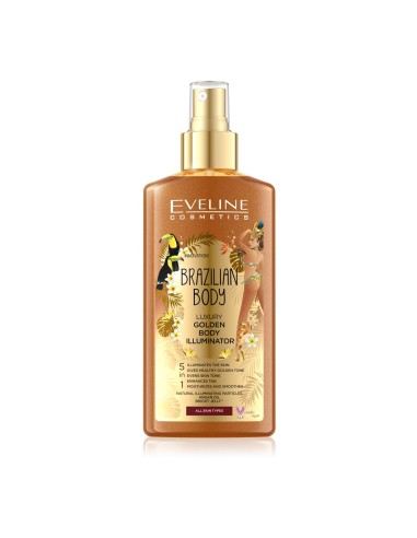 Envase en spray del iluminador corporal dorado Eveline Golden Brazilian Body 150 ml