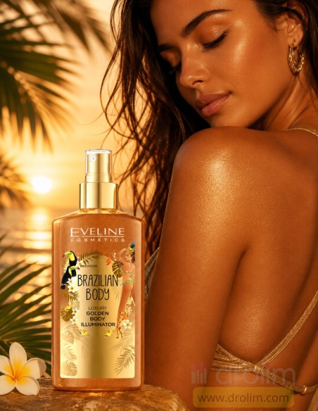 Spray corporal con particulas doradas e ingredientes como aceite de argan Eveline Cosmetics