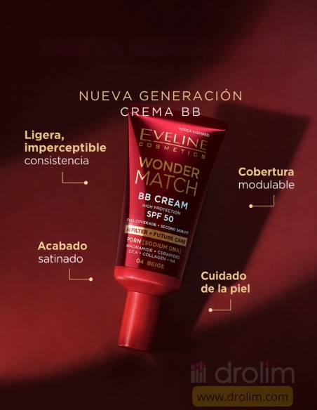Tubo de maquillaje ligero con fotoprotección alta Eveline Wonder Match 03 Nude