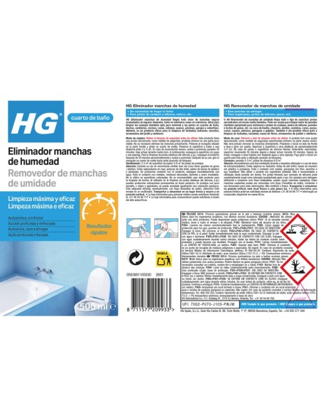 Vista posterior con instrucciones y pictogramas de seguridad de HG Eliminador de Humedad