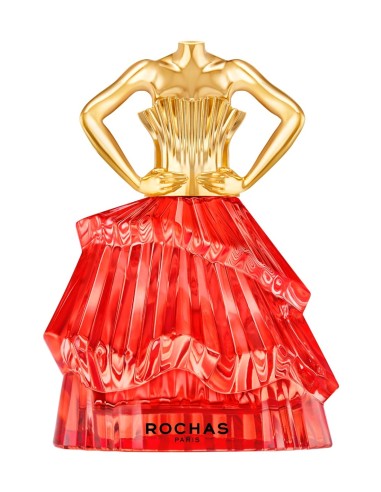 Frasco en forma de vestido rojo y torso dorado de Rochas Audace Le Parfum