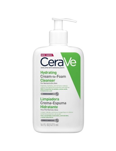 Envase de 473 ml de CeraVe Limpiadora Crema-Espuma Hidratante para piel normal a seca