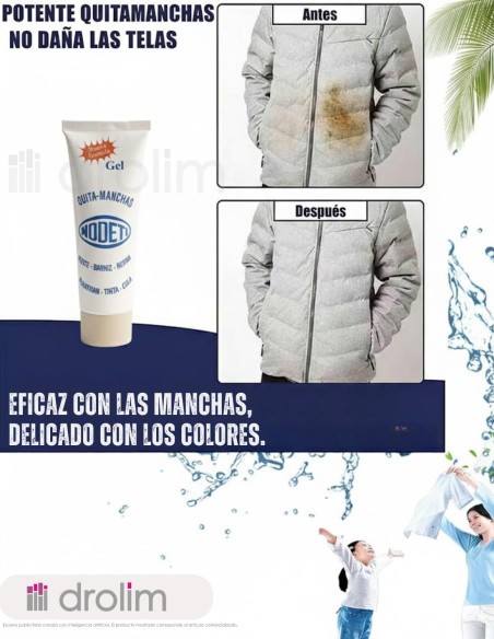 Montaje publicitario de Nodeti con una chaqueta gris antes y después del tratamiento de una mancha