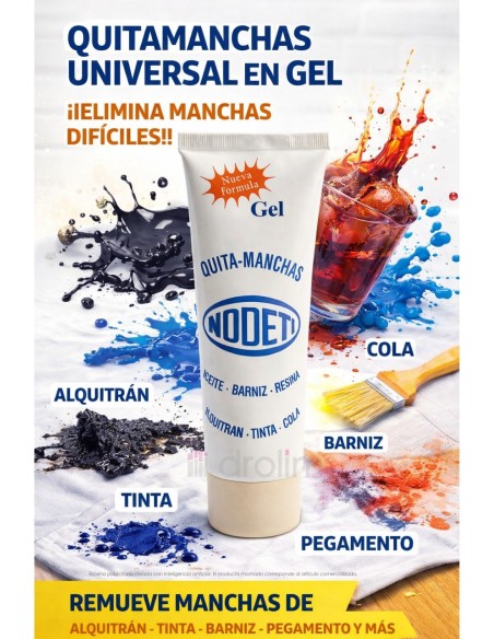 Nodeti quitamanchas en gel con ilustraciones de manchas de alquitrán, tinta, barniz y pegamento