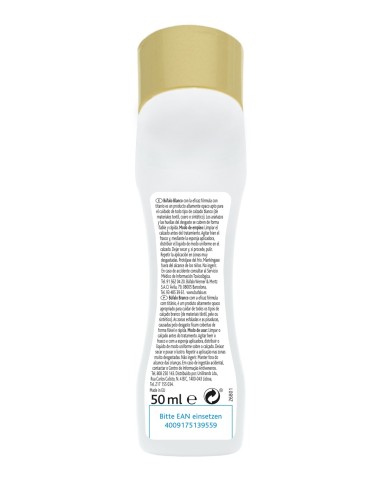 Vista posterior del envase Búfalo Aplicador Calzado Blanco Líquido 50 ml con modo de empleo.