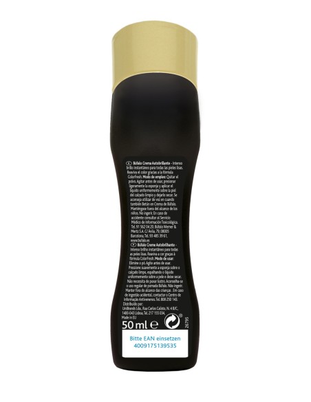 Vista trasera del envase de Búfalo Crema Autobrillante Negra de 50 ml con instrucciones.